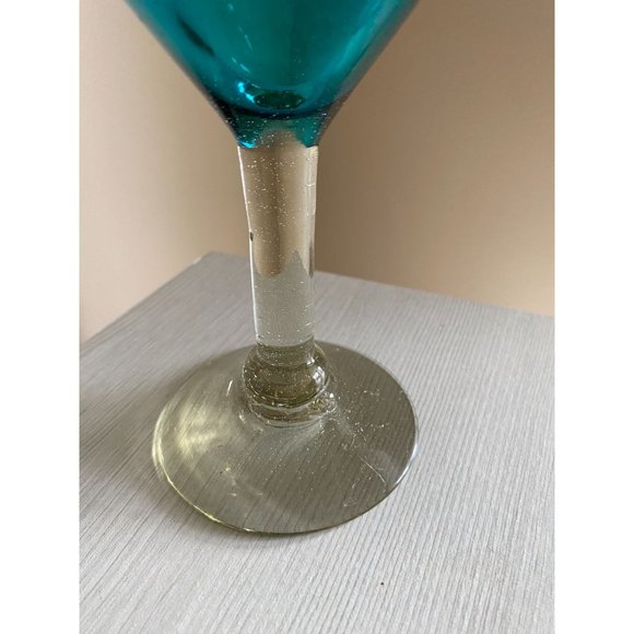 Heavy Aqua Luster Blue Glass Goblet Cup with Clear Luster Stem and Base Hand Blo - Picture 5 of 13